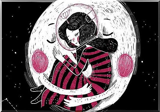 Woman hugging the moon