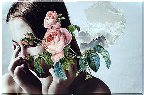 Woman behind flowers